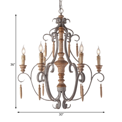 French Country Candle Pendant Light Wood Foyer Chandelier Lighting with Hanging Chain