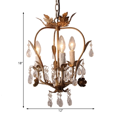 French Country Candle Pendant Light Wrought Iron 3 Lights Indoor Chandelier with Clear Crystal