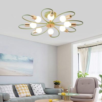 Gray and Green Curve Semi Flush Light 3/6/8 Light Modern Wood Ceiling Light for Bedroom