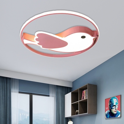 Modern Kids Bedroom Flush Light with Bird Shaped Shade and Ring Led Metallic Flushmount