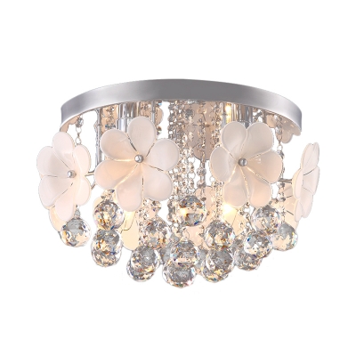 Off White Flower Semi Flush Mount Contemporary Crystal Ball Ceiling Fixture for Living Room
