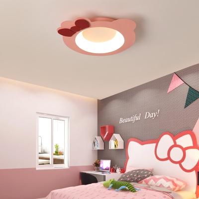 Pink Cartoon Cat Flush Mount Lamp Modern Metal Integrated Led Ceiling Light