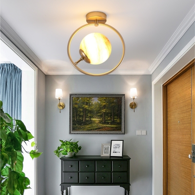 Spherical Flush Mount Lighting Art Deco Frosted Glass 1 Light Ceiling Lamp in Gold