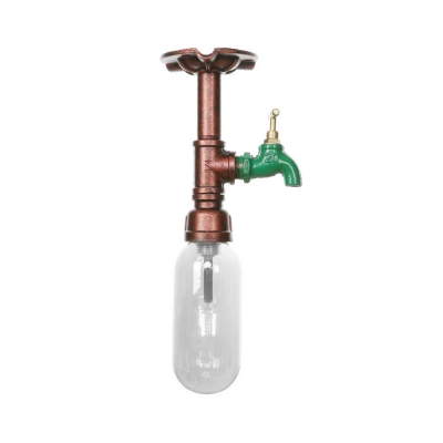 Steampunk Pipe Semi Flush Mount Iron 1 Bulb Semi Flush Ceiling Lights with Clear Glass Shade