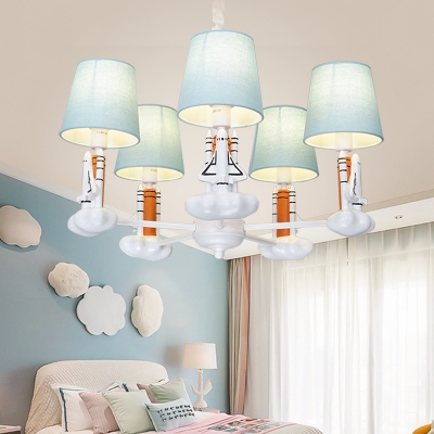 Tapered Chandelier Light with Rocket 7 Lights Kids Blue Fabric Shade Pendant Lamp