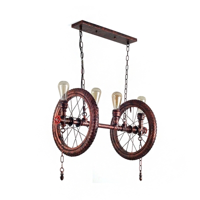 Wheel Island Pendant Aged Iron 4 Lights Island Light Fixture with Pipe in Rust for Dining Room