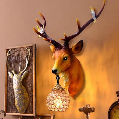 1 Light Ball Wall Sconce Light Loft Clear Crystal Wall Mounted Light with Decorative Stag Head