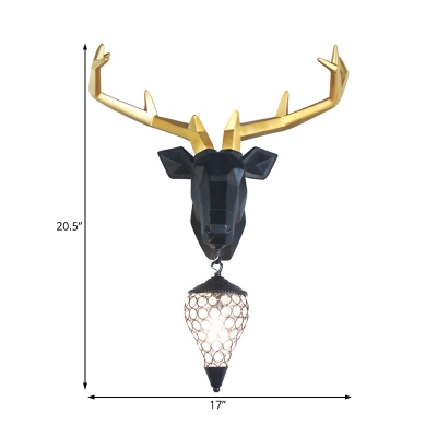 1-Light Deer Wall Light Fixture with Clear Crystal Lampshade Art Deco Sconce Lighting in Black Finish