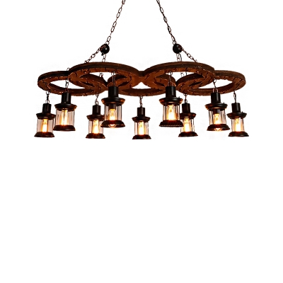 10-Light Wooden Hanging Lantern Traditional Metal and Glass Pendant Chandelier for Restaurant Bar