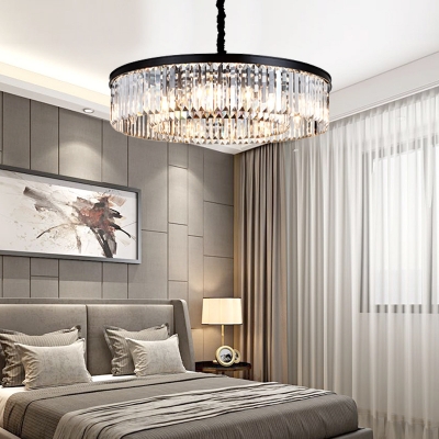 2-Tier Drum Lighting Fixture Modern Crystal Metal 4/8/12 Heads Hanging Pendant Lights in Black for Bedroom