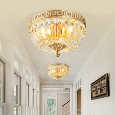 3 Lights Clear Crystal Flushmount Light Vintage Foyer Flush Ceiling Light in Gold, 12