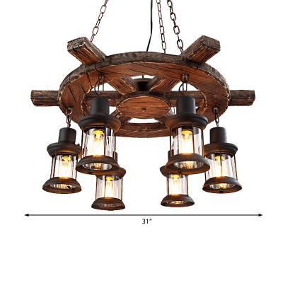 6-Light Hanging Ceiling Lights Nautical Wood and Steel Pendant Light Fittings in Black with Clear Glass Shade