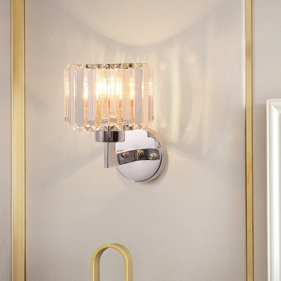 Cubic/Cylinder Wall Sconce Light Modern Metal and Crystal 1 Head Wall Lamp Sconce in Chrome for Foyer
