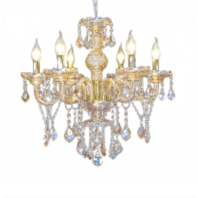 French Country Candle Chandelier Pendant Crystal and Glass 6 Light Chandelier Pendant Light for Dining Table