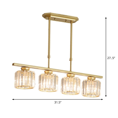 Gold Cylinder Island Light Contemporary Crystal Metal 3/4 Heads Pendant Lights over Island