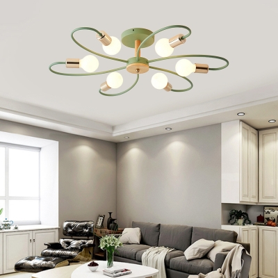 Gray and Green Curve Semi Flush Light 3/6/8 Light Modern Wood Ceiling Light for Bedroom