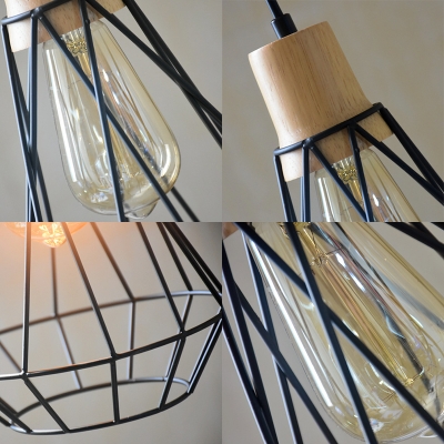 Industrial Cage Pendant Light Shade Metal 1 Light Ceiling Pendant Lights with Wood for Bedroom