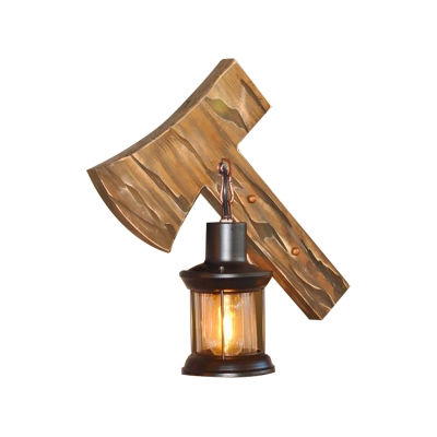 Nautical Lantern Sconce Lamp Iron and Glass 1 Head Sconce Light Fixture with Wooden Base in Black for Bar