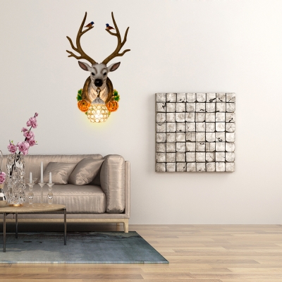Rustic Vintage Orb Wall Lamp with Flower and Deer Clear Crystal 1 Head Wall Sconce Light