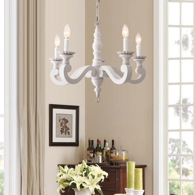 Solid Wood Pendant Light with Candle Shabby Chic 5 Lights White Chandelier Lamp