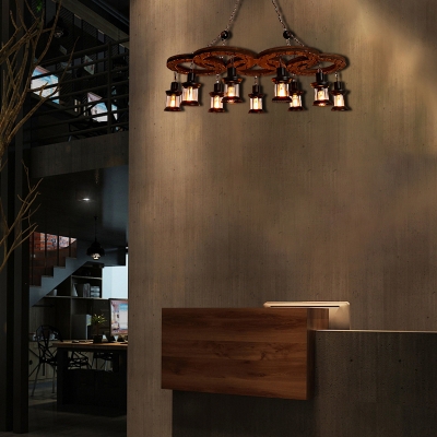 10-Light Wooden Hanging Lantern Traditional Metal and Glass Pendant Chandelier for Restaurant Bar