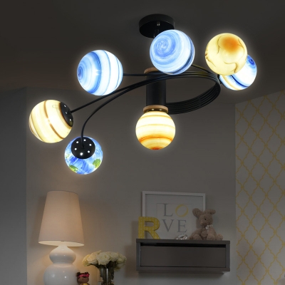 7 Lights Planet Semi Flush Lighting with Globe Glass Shade Modern Led Semi Flush Ceiling Light