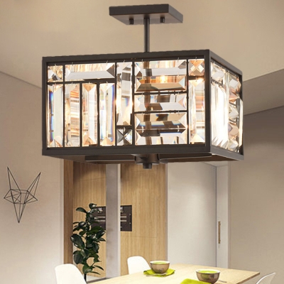 Brown Black Squared Semi Flush Mount Modern Crystal Metal 4 Heads Ceiling Lights for Bedroom