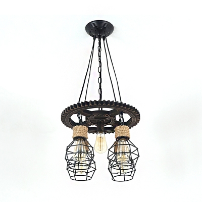 Caged Ceiling Pendant Light Vintage Iron Rope Chandelier Lighting Fixture with Adjustable Cord for Indoor