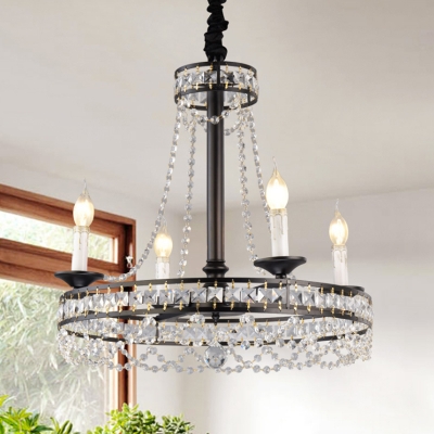 French Style Candle Pendant Light with Clear Crystal Bead Multi Light Chandelier in Black