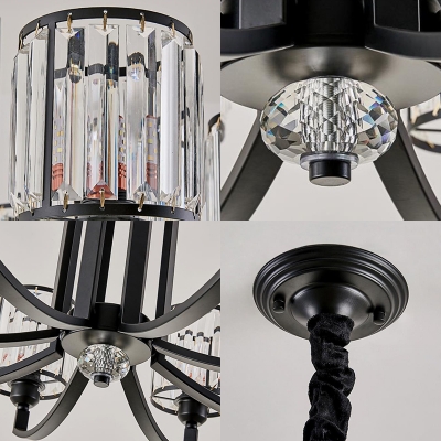 Matte Black Cylinder Pendant Light Fixture Modern Crystal 3/6/8 Light Pendant Chandelier for Indoor