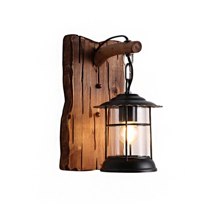 Nautical Lantern Wall Mounted Light Iron 1 Head Wall Sconce Light with Wooden Base for Foyer
