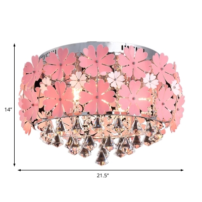 Pink Flower Ceiling Fixture Contemporary Crystal Round Ceiling Light Fixture for Girls Room Bedroom