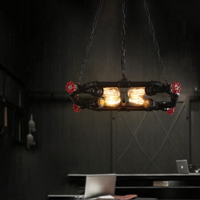 Red Valve Chandelier Light Fixture Steampunk Metal 4 Lights Mixed Pendant Chandelier with Pipe for Kitchen Dining