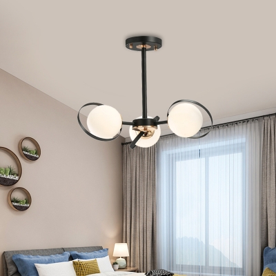 Sphere Chandelier with Black Metal Ring 3/6 Lights Frosted Glass Ceiling Pendant Light in Brass