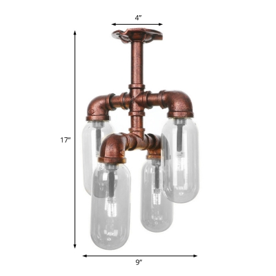 Sputnik Lighting Fixtures Steampunk Iron Pipe Semi Flush Chandelier with Clear Glass Shade for Dining Table