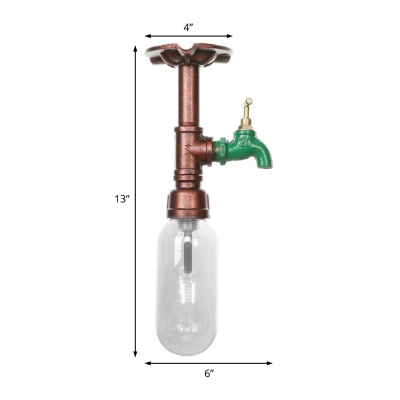 Steampunk Pipe Semi Flush Mount Iron 1 Bulb Semi Flush Ceiling Lights with Clear Glass Shade