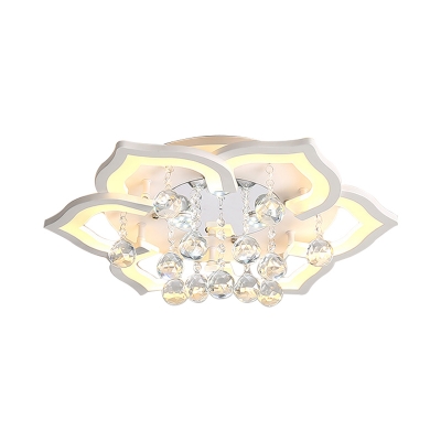 White Flower Flush Ceiling Light Contemporary Integrated Led Flush Lighting with Crystal Ball