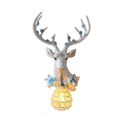 White Resin Deer Sconce Light with Blue Rose and Crystal Lampshade Country Style 1 Light Decorative Wall Light
