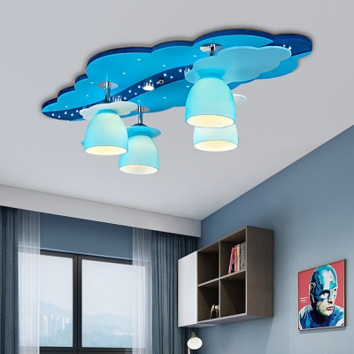 4 Lights Dome Semi Flushmount with Blue Cloud Canopy Handblown Glass Kids Ceiling Light