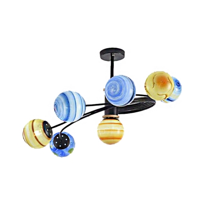 7 Lights Planet Semi Flush Lighting with Globe Glass Shade Modern Led Semi Flush Ceiling Light