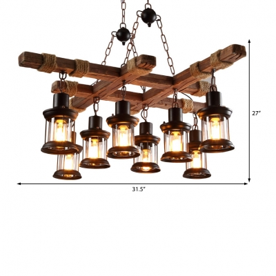 8-Light Hanging Ceiling Lights Lodge Wood and Iron Rope Pendant Hanging Lights in Black for Coffee Shop