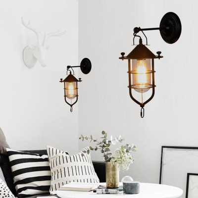 Black Caged Wall Light Sconce Mediterranean Iron 1 Light Wall Sconce Lighting for Coffee Shop