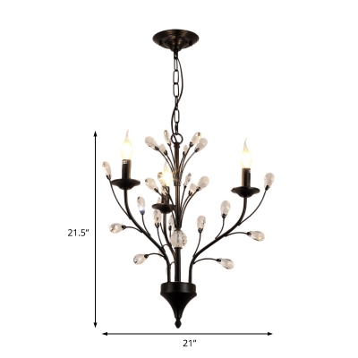 Black Candle Pendant Lighting Traditional Iron 3/6/9/12 Lights Hanging Chandelier with Crystal Decoration