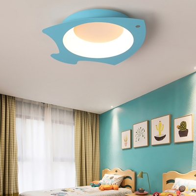 Blue Fish Ceiling Light Nautical Kids Metal Led Flush Mount Light with Frosted Diffuser
