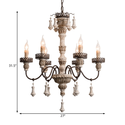 Curved Arm Hanging Light with Candle French Style Solid Wood 6 Lights Chandelier Light