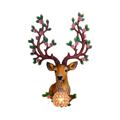 Hand Painted Wall Lighting with Resin Deer and Orb Clear Crystal Shade 1 Light Country Wall Sconce