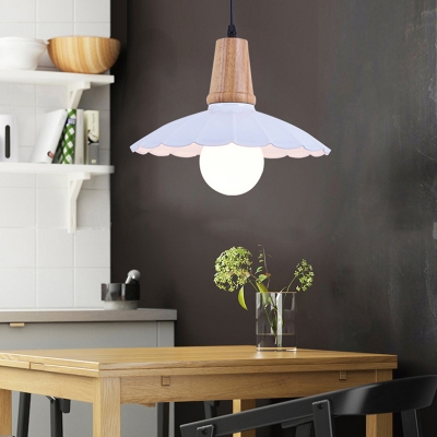 Industrial Modern Scalloped Hanging Light Fixture Iron and Wood Single Bulb Pendant Lights