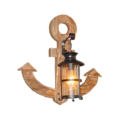 Nautical Wall Lantern Iron 1-Light Sconce Light Fixture with Anchor Wooden Base for Coffee Shop