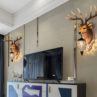 Realistic Deer Head Wall Mounted Light with Teardrop Shade 1 Light Rustic Wall Lighting