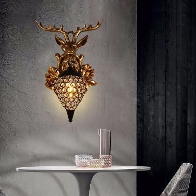 Resin Stag Head Wall Lighting with Globe Shade Village Style 1 Light Wall Sconce in Black